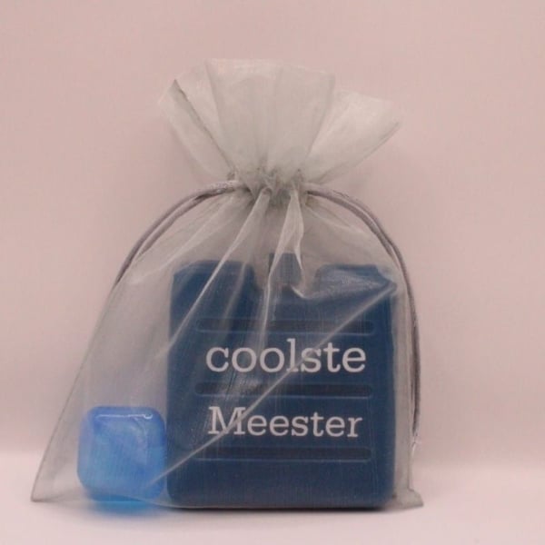 Bestel nu dit leuke koelelement met ijsblokje met de tekst coolste meester. het koelelement is donker blauw en het ijsblokje is blauw, het zit verpakt in een grijs organza zakje